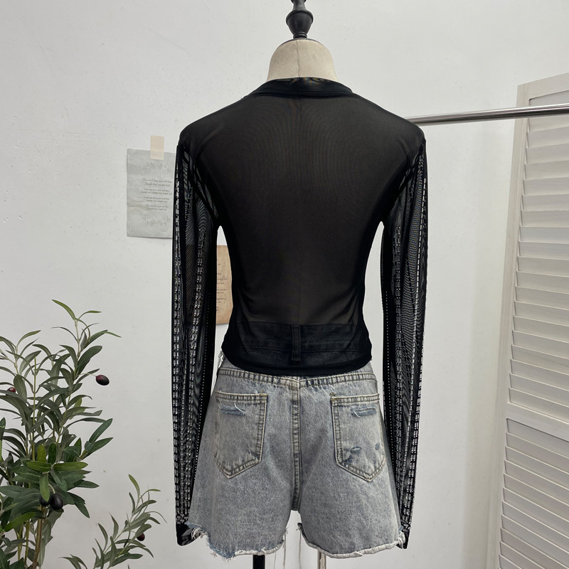 Diamond Embedded Thin Sheer Mesh Long Sleeve T shirt Slim Short Backless Top Women 13 Diamond Embedded Thin Sheer Mesh Long Sleeve T shirt Slim Short Backless Top Women