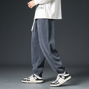 Corduroy ankle-tied fleece-lined sweatpants men's autumn new fashion brand loose draping wide-leg casual autumn and winter men's pants