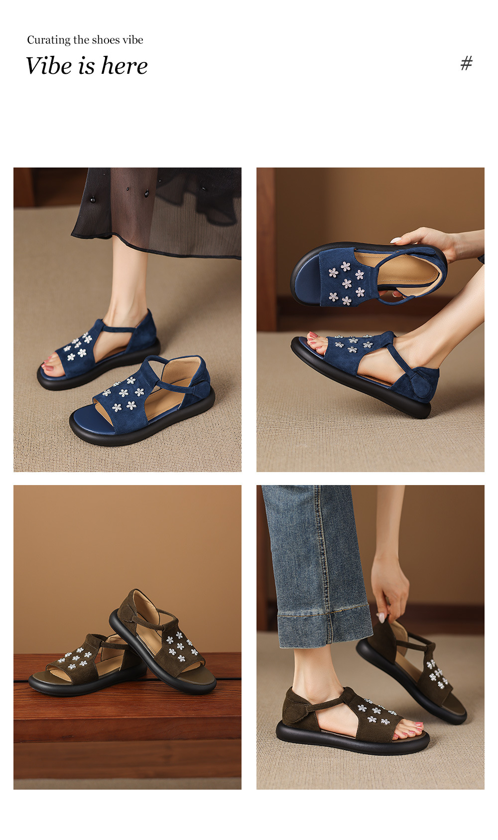Sandal nữ hở mũi đế dày da cừu đính hoa đá — Màu xanh da trời chi tiết 1