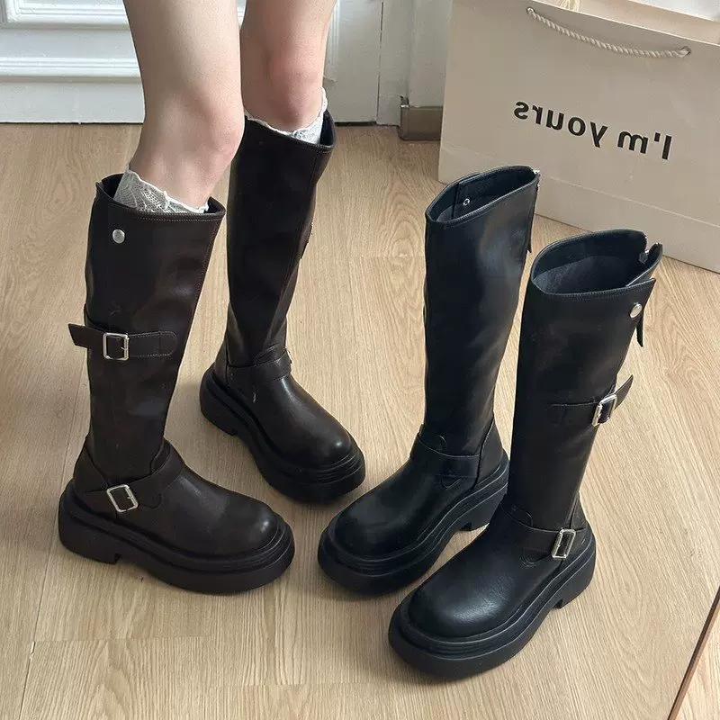 靴子女高筒扣新款厚底不过长筒靴春秋小个子骑士靴2025膝复古皮带