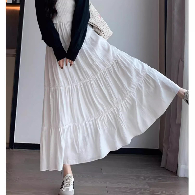 2025 Spring New White Skirt High Waist Slim A-Line Women's Drape Pleated Long Skirt Small Cake Skirt