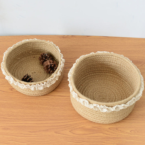 Cotton and Hemp Rope Flower Basket Storage Basket Snack Basket Household Basket Storage Box Handheld Lace Round Cross-border Miscellaneous Basket