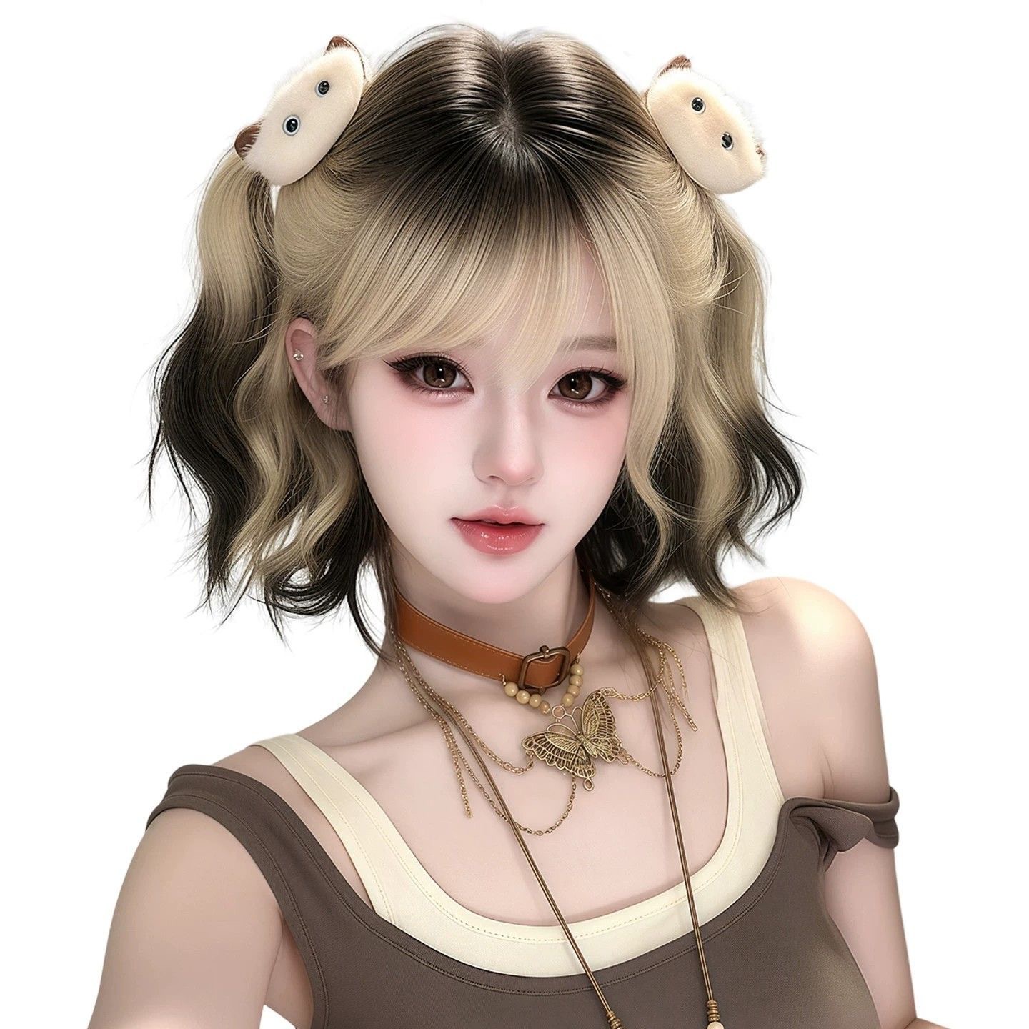 Siamese Cat Ears Short Curly Wig with Black Gold Gradient and Highlighting, Full Head Fake Hair Cap