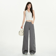 水泥灰美式阔腿工装裤女2025新款复古高腰宽松直筒牛仔裤欧美风