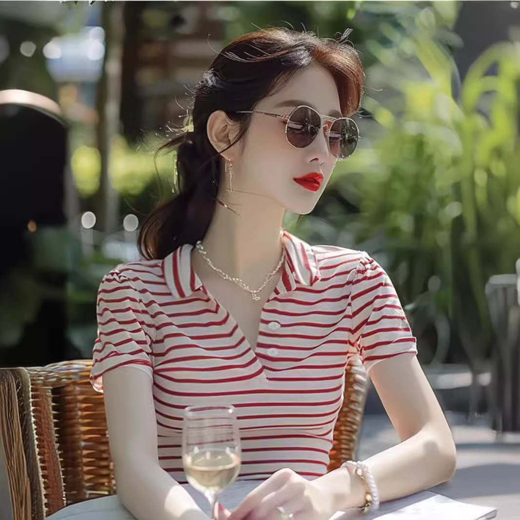Áo thun polo kẻ sọc tay ngắn thiết kế thời trang mùa hè dành cho nữ — áo phông sọc