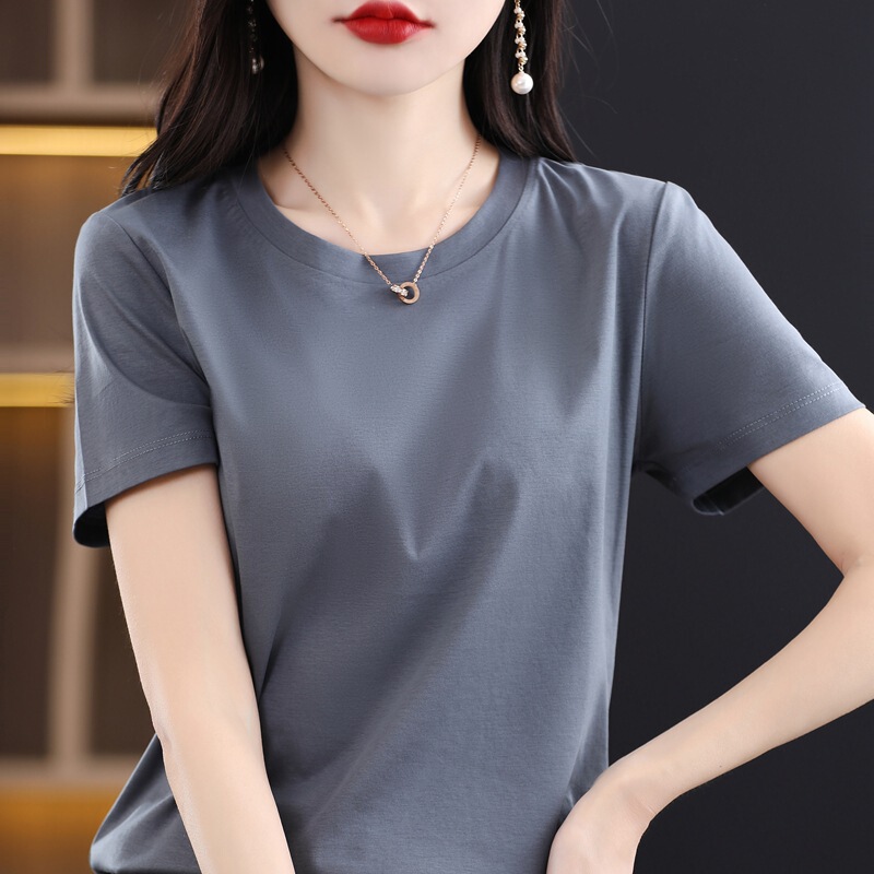 2025 summer new short sleeve high-end silky 80 mercerized cotton T-shirt women's round neck simple solid color versatile short sleeve