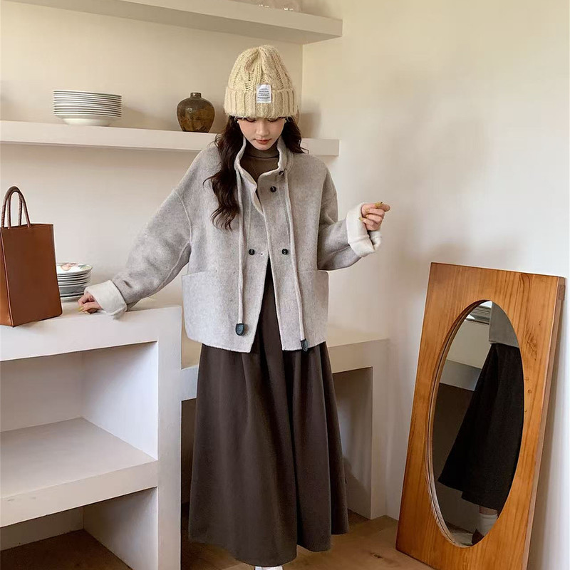 双面羊毛大衣女短款韩版宽松立领甜美减龄小个子显瘦羊绒呢子|undefined
