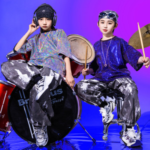 Children street jazz hiphop dance costumes for girls boys sparkle sequins short sleeved jazz dance outfits boys drumming clothes,runway performance clothing