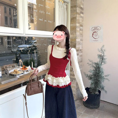 甘美風減齢偽長袖tシャツ女装春の小衆木耳レースの中に痩せた短い上着がついている