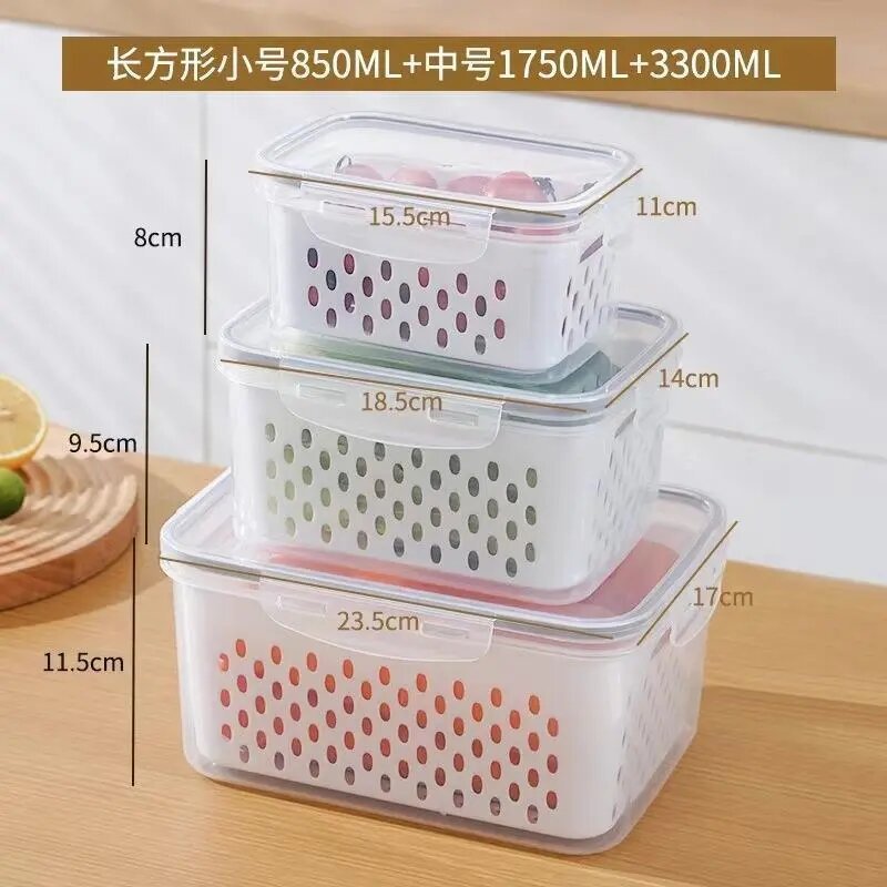 二層排水バスケットクリッパーキッチン電子レンジ冷凍庫密封ボックスプラスチック弁当箱冷蔵庫フルーツ収納ボックス|undefined