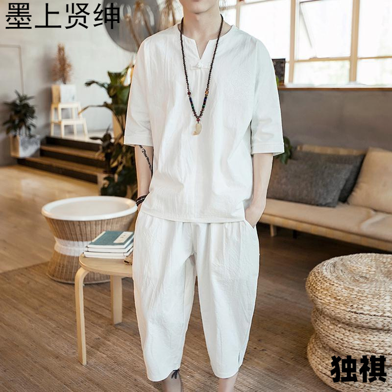 Nuevo traje de lino de verano para hombre Camiseta de estilo chino de manga corta de dos piezas de gran tamaño pantalones recortados sueltos para hombre