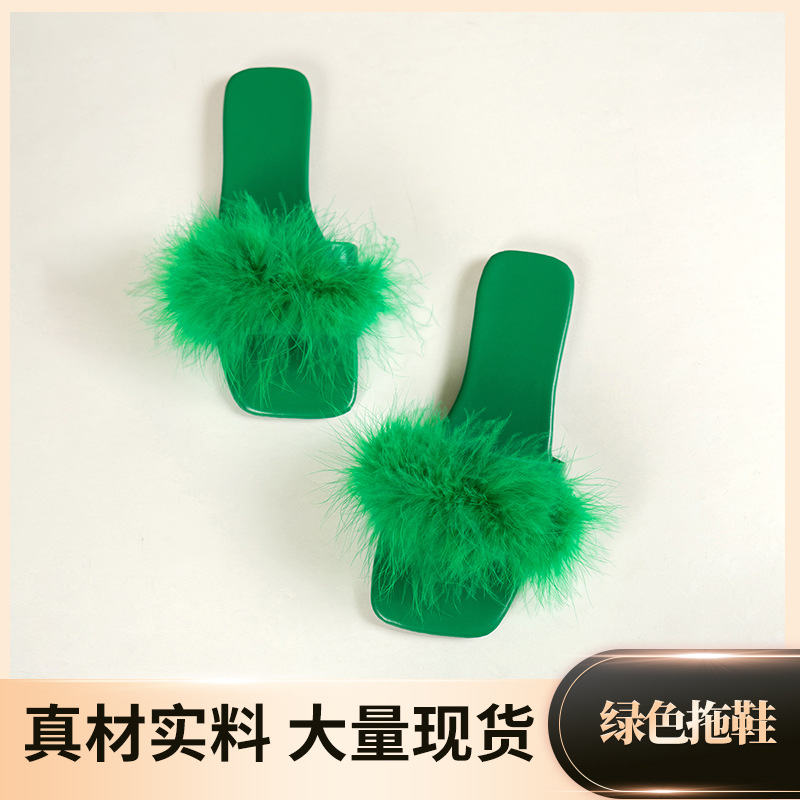 Zapatillas de lana de hadas, zapatillas verdes de cabeza cuadrada, zapatillas de verano que se pueden usar con dedos desnudos para fotos, zapatillas de plomo al por mayor.