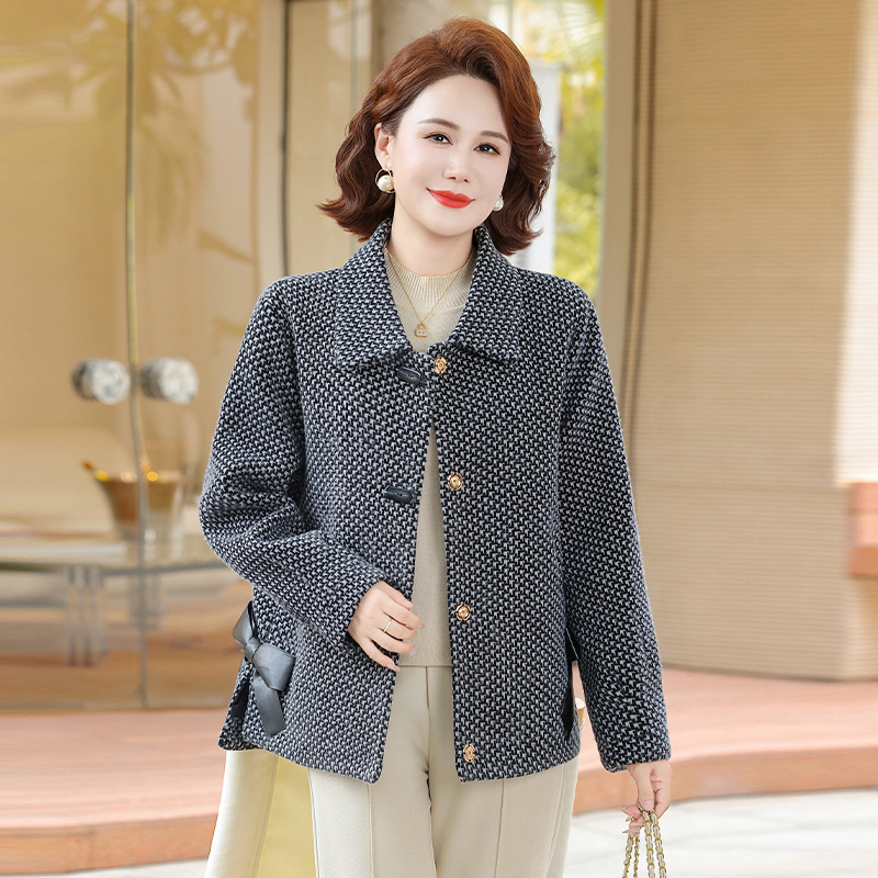 妈妈秋装格子毛呢外套2025新款中老年女装春秋季洋气呢子西装上衣|undefined
