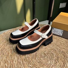 部分微瑕工厂清仓真皮新款一字带玛丽珍系带网纱小皮鞋厚底乐福鞋