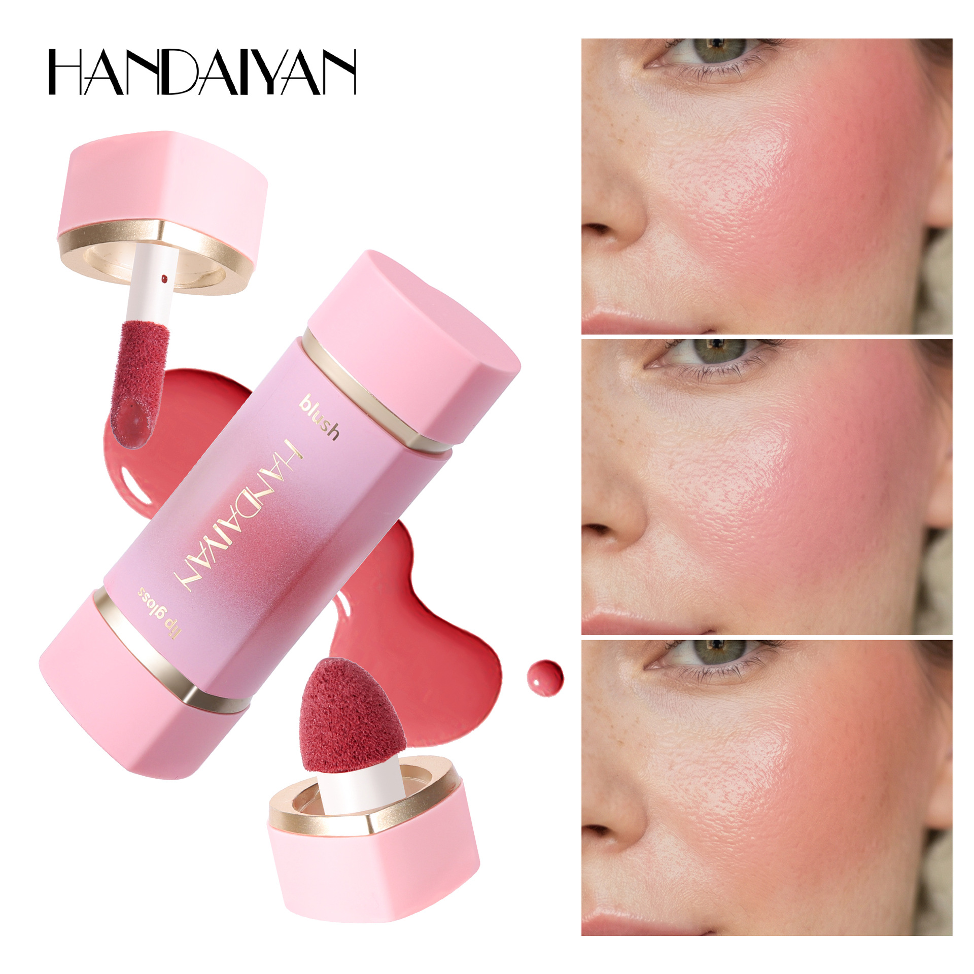 Blush transfronterizo, Handaiyan, blush líquido mate duradero, blush de doble cabeza, fácil de colorear, blush de doble uso.