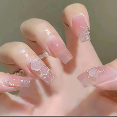Gentle and fresh style manicure, three-dimensional camellia blush, smudged pearls, wearable nails, fake nail pieces wholesale