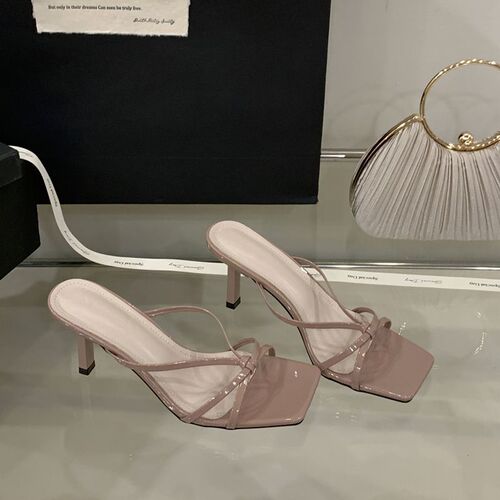 Square head and toe sandals for women with fine heels for summer and autumn new style with fine belt and hollow high heels half slippers