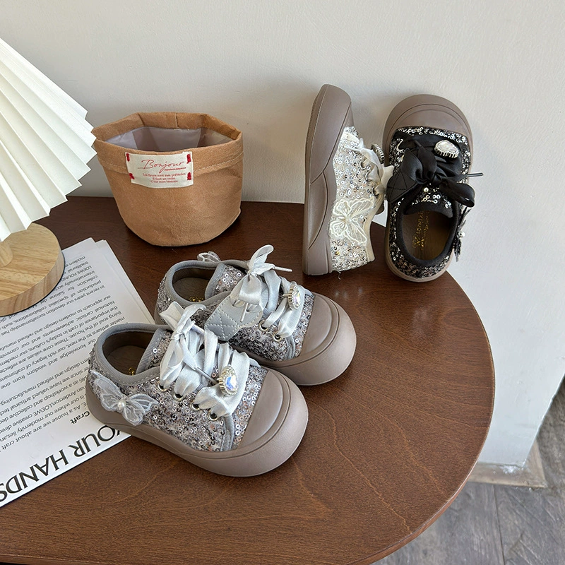 Большая голова хлебные туфли для девочек милые повседневные туфли весна и осень 2024 корейские кроссовки с блестками