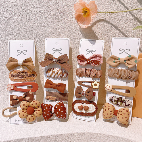 5 Pack Korean Style Milk Tea Color Sweet Fabric Bow Hair Clips for Kids, Cute Cartoon BB Clips for Little Girls, Edge Clips