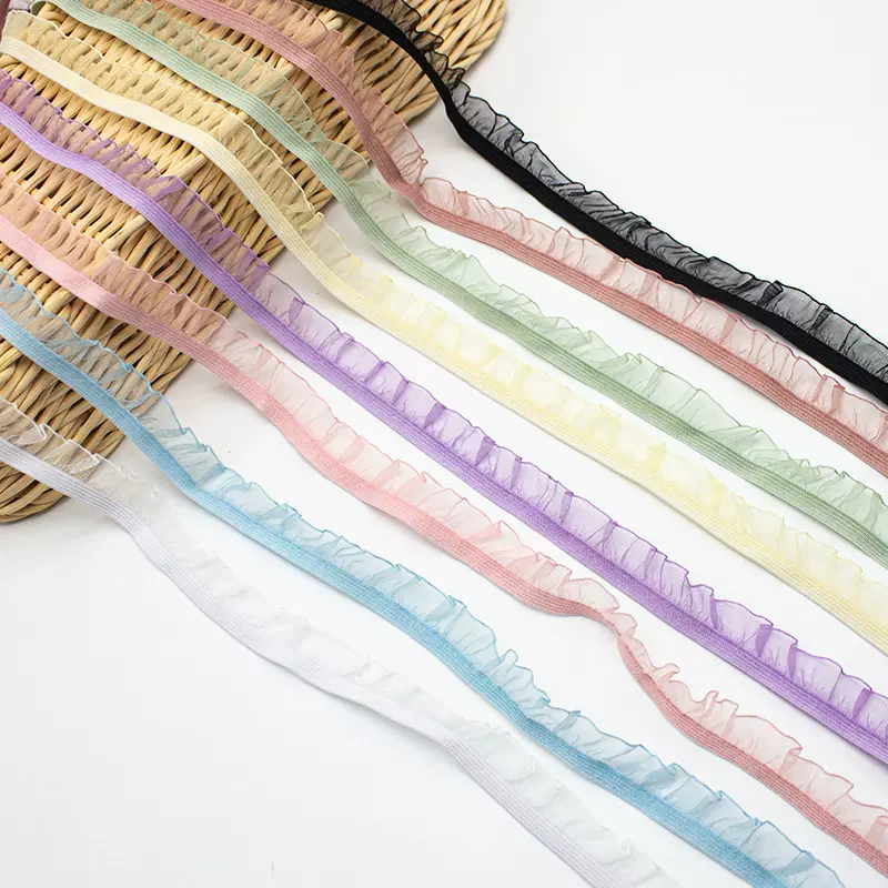 现货1.5cm雪纱弹力荷叶边百褶花边哑光单边木耳透明彩色娃衣手作