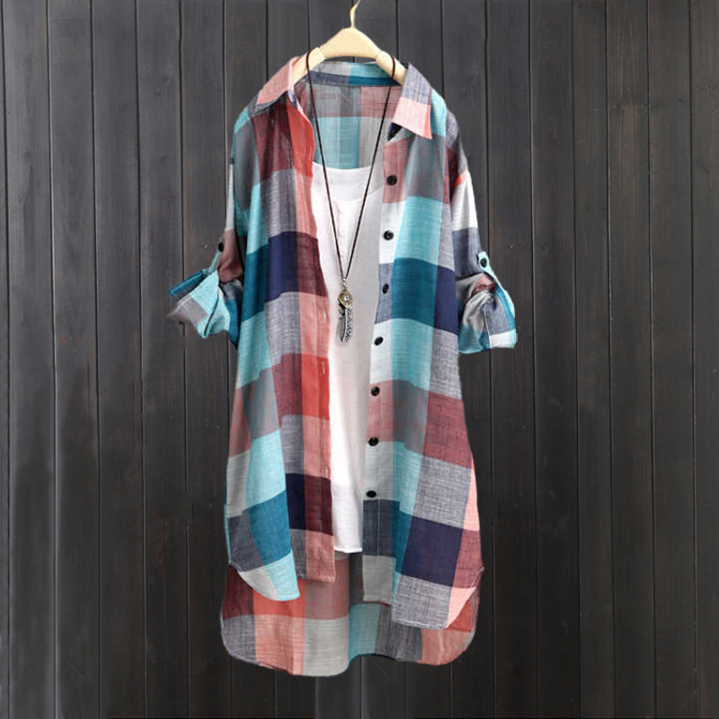 Cross-Border Export Cotton and Linen Shirt Jacket Women's Summer Thin Sun Protection Shirt Mid-Length Long-Sleeved Top Loose Plaid Shirt