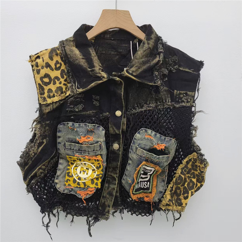Diseño humedad personalidad cool color contrastante empalme para hacer viejos chalecos de vaqueros primavera y verano 2025 nuevo estilo de moda extranjera hombros image 1