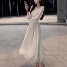 白色长袖雪纺连衣裙女轻奢高级感法式收腰显瘦灯笼袖气质修身长裙