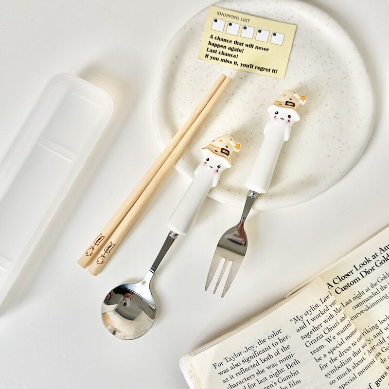 スプーンでスープを飲む高颜値ステンレス陶磁器スプーンかわいい箸セット携帯家庭用アニメクリスマス食器|undefined