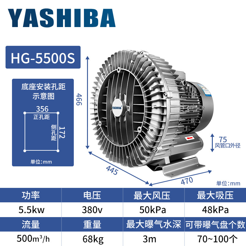YASHIBA高压漩涡风机5.5KW380V真空吸附旋涡气泵工业吸排风鼓风机