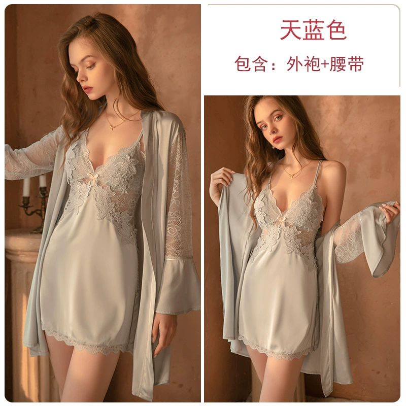 Сатиновый комплект для ночи (GuiRuo) ночная рубашка-сарафан с оборкой и трусиками, утягивающий эффект, осень