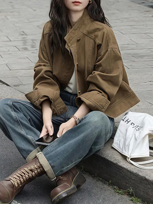 时尚百搭牛仔短外套女2025年秋季新款设计感宽松立领工装夹克上衣|undefined
