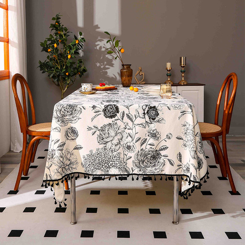 Amazon cross-border new curtains black ball cotton and linen American Nordic style tablecloth living room tablecloth finished cloth