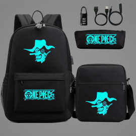 蓝夜光海贼王USB密码锁青少年学生书包三件套男女双肩背包套装