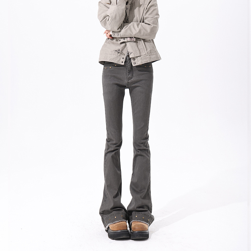 Orange Silk Women's Clothing # American Retro Rivet Western Style Micro-Flared Jeans for Women Autumn and Winter New Slim Fit Floor-Length Pants