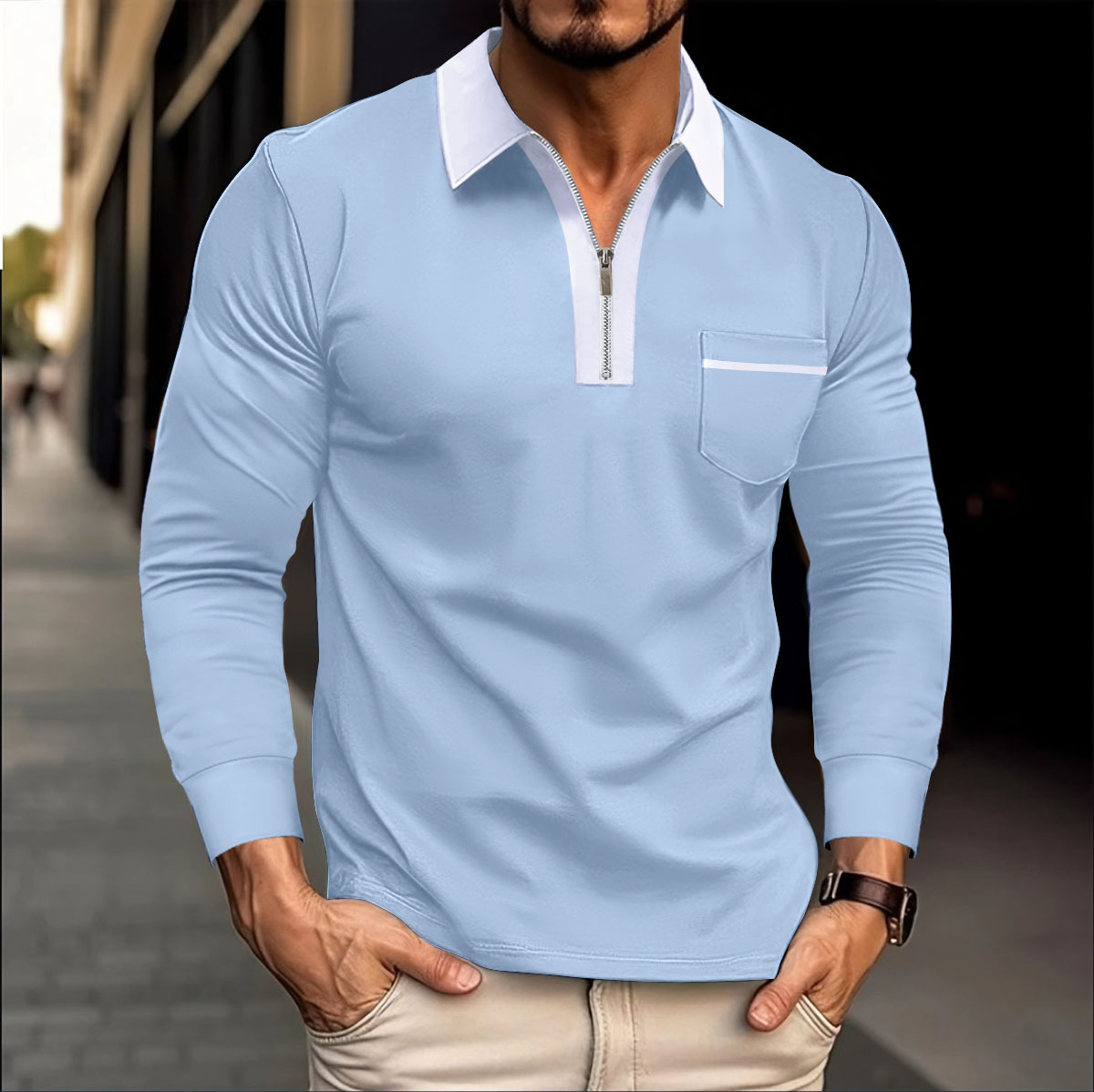 Nuevo nuevo transfronterizo Europa y América Amazon otoño de manga larga hombre bolsillo casual con cremallera casual polo image 8
