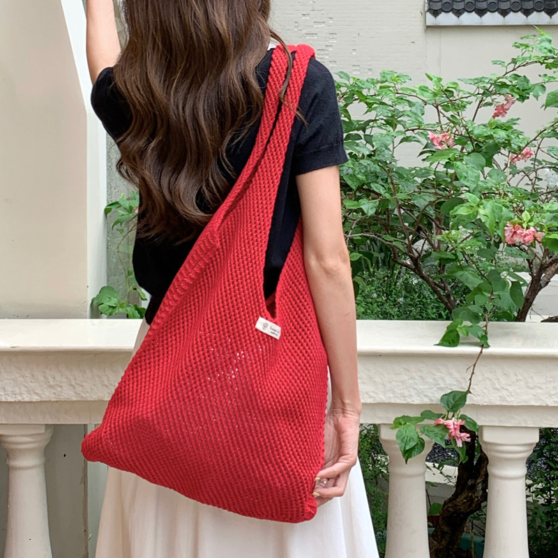 Red Knitted Mesh Hollow Woven Bag Women's Summer Casual Lazy Style Shoulder Bag Large Capacity Net Pocket Handbag Red Knitted Mesh Hollow Woven Bag Women's Summer Casual Lazy Style Shoulder Bag Large Capacity Net Pocket Handbag