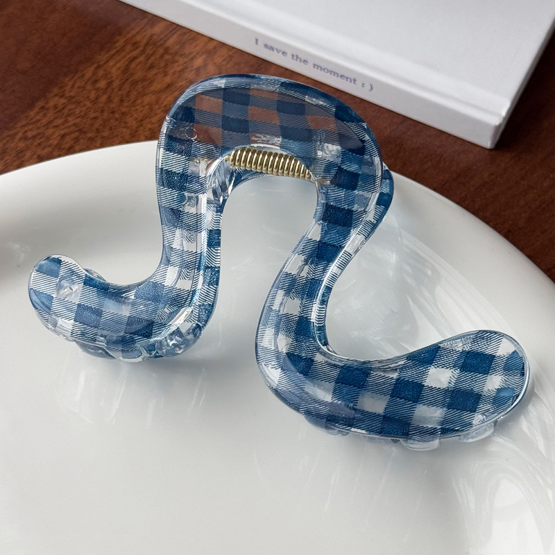 韩版氛围感透明蓝黑格子抓夹仿醋酸大号发夹后脑勺盘发鲨鱼夹发饰|undefined