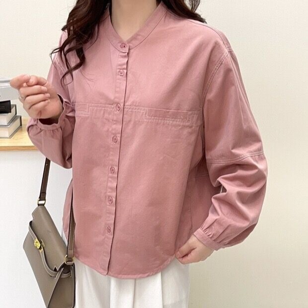 长袖衬衫 2025秋季新款 文艺宽松立领上衣女简约显瘦打底衬衣8163|undefined