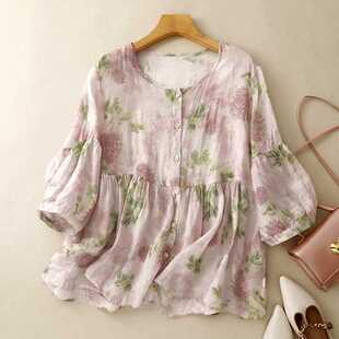 Real Shot of Doll Shirt Summer Style 2025 New Loose and Sweet Round Neck Lantern Sleeve Fluffy Floral Ramie Shirt