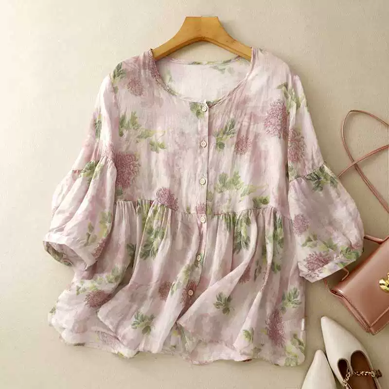 Реальный снимок кукольной рубашки, летний стиль 2025, новая свободная и милая пышная рубашка из рами с цветочным принтом и круглым вырезом, рукавами-фонариками