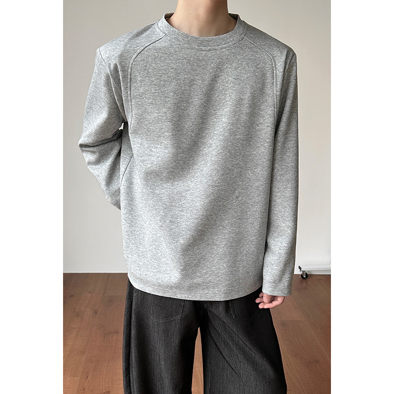 Cleanfit Gray Shoulder-padded Sweatshirt Men, Spring Boxy Heavy-duty Small-neck T-shirt, Suitable For Layering Or_voghion.com