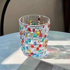 编织玻璃水杯折射中古杯s风手绘方块格子竖纹DIY果汁杯意式彩绘