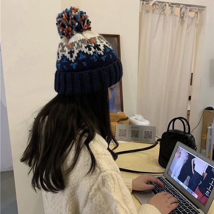 秋冬季新款毛线帽女费尔岛时尚护耳针织帽韩系百搭彩色加厚毛球帽|undefined