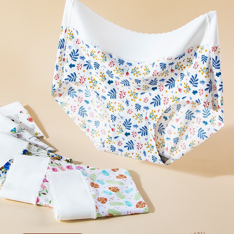 Ice Silk Printed Seamless Mid-Waist Triangle Panties for Girls, Women's Quick-Drying Sexy Breathable Panties