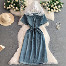 深蓝色牛仔连衣裙女显瘦修容蕾丝连帽拼接短袖抽绳收腰气质中长裙