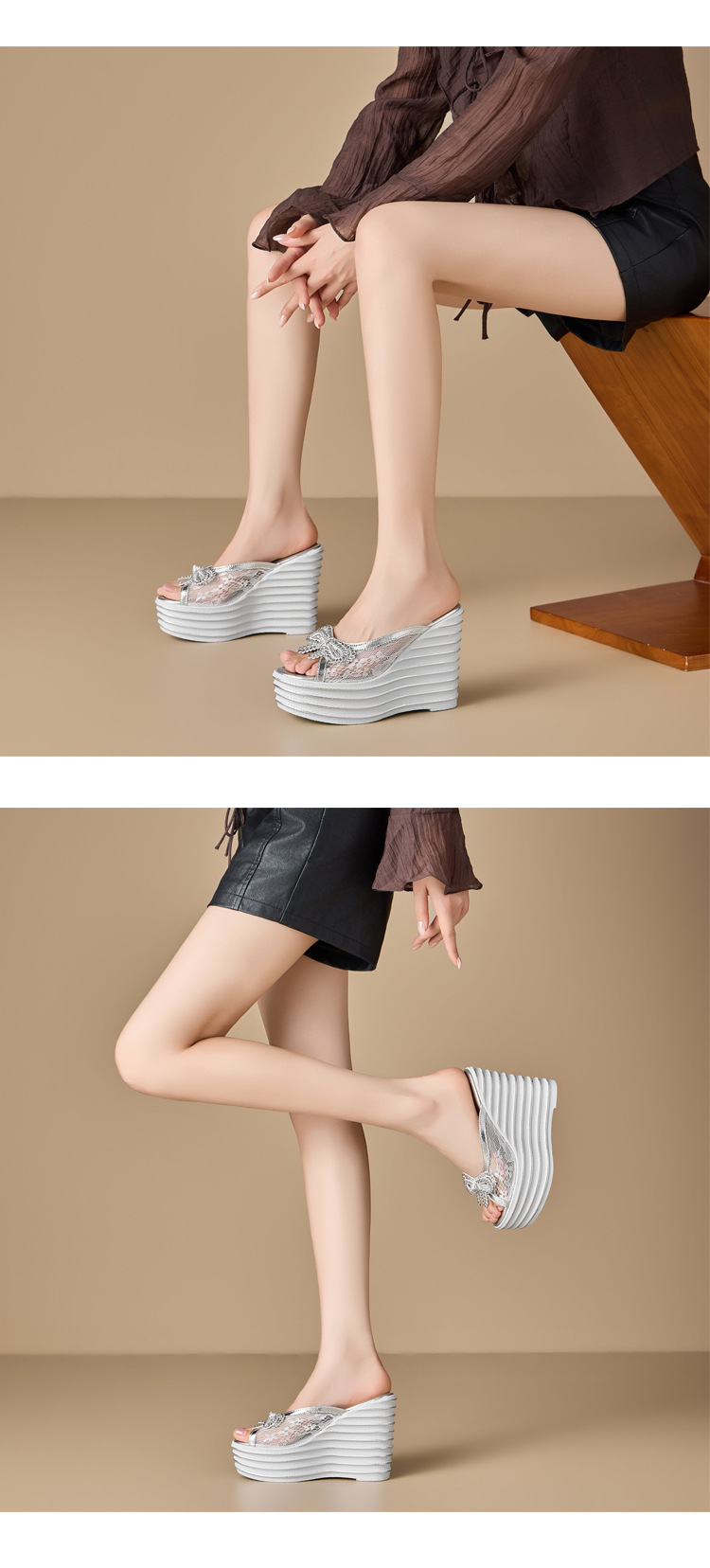 Sandal cao gót nữ đính đá, gót 12 cm, quai ngang nơ voan lưới, đế xuồng — màu đen chi tiết 3