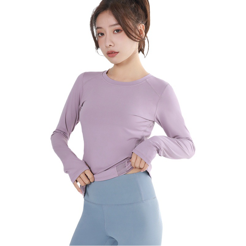 Ropa deportiva con espalda de malla hermosa, ropa de yoga, top deportivo de manga larga para mujer, cuello redondo, ajuste ceñido, camiseta deportiva para correr
