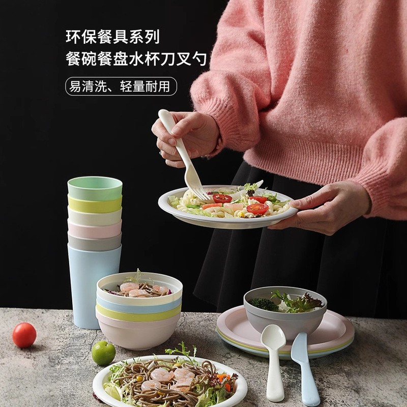 Eco-friendly Dinner Plate Water Cup Bowl 6 Pieces Knife and Fork Spoon suit High-value Kindergarten Canteen Home Camping Custom Plastic