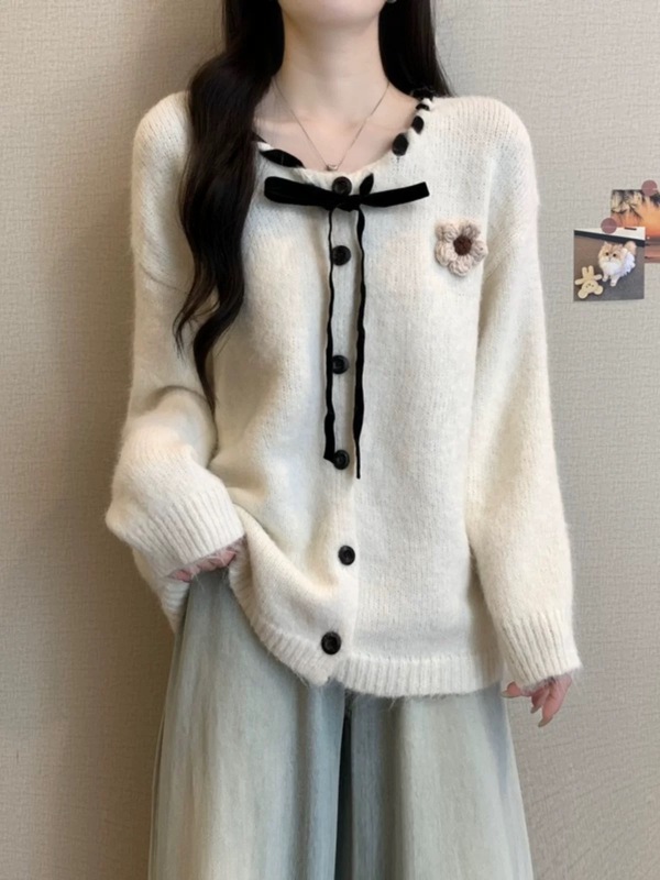 2025秋冬新款系带蝴蝶结毛衣外套女宽松软糯甜美立体花朵针织开衫|undefined