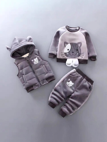 New Autumn/Winter Baby Padded Set for Kids, Three-Piece Set with Embroidered Bear, Thick Kids' Outfit for Dropshipping